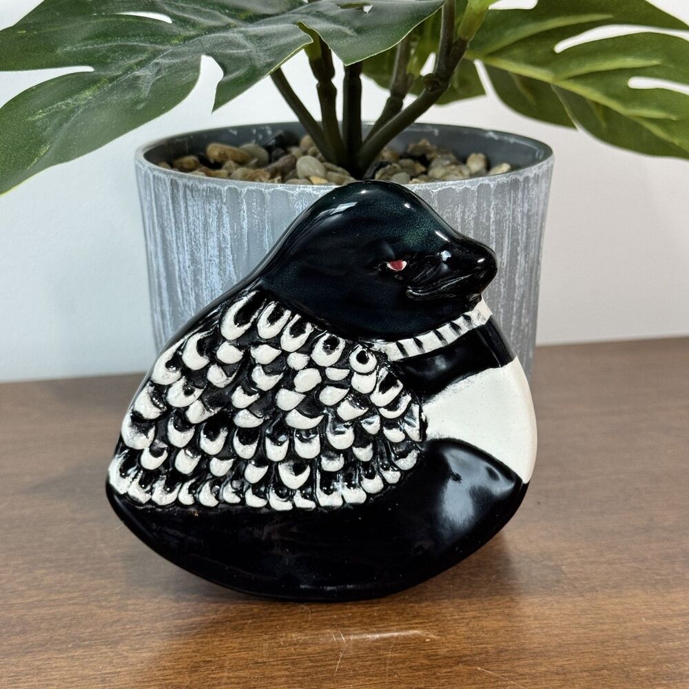 August Ceramics Loon Bird Trinket Dish Figurine Black White USA Made Decorative